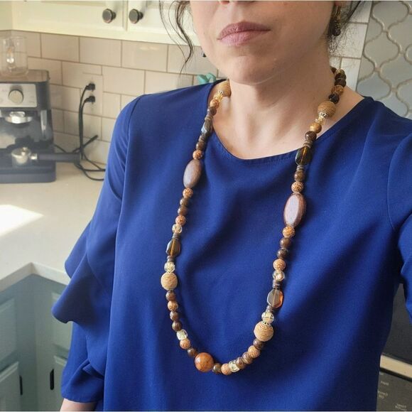 Artisan Wood, Amber & Fish Seed Agate Beaded Convertible Necklace or Bracelet - Picture 12 of 13